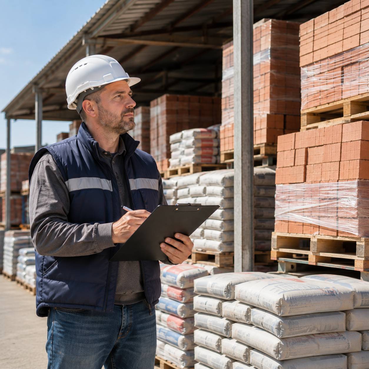 Checking building materials inventory at a supply yard
