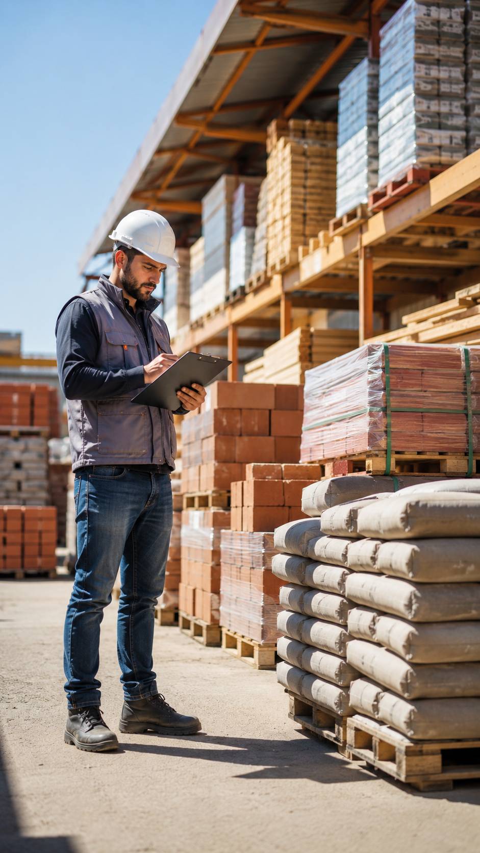 Checking building materials inventory at a supply yard