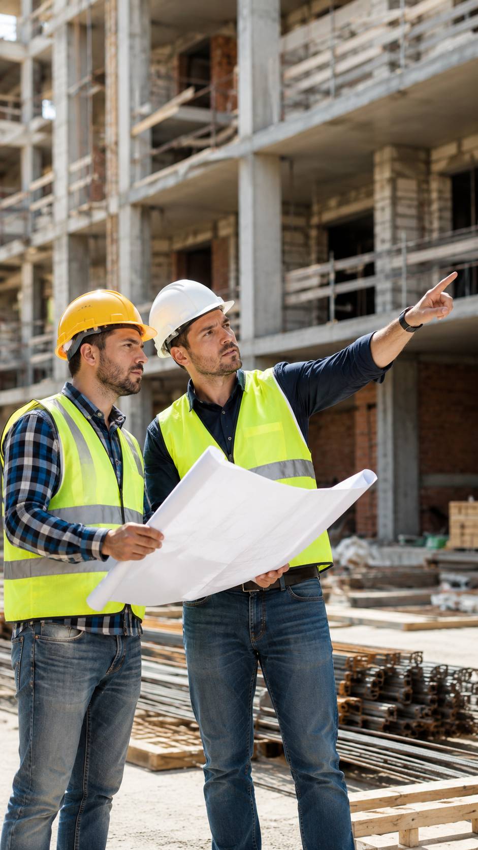 Two construction team members reviewing project plans on site