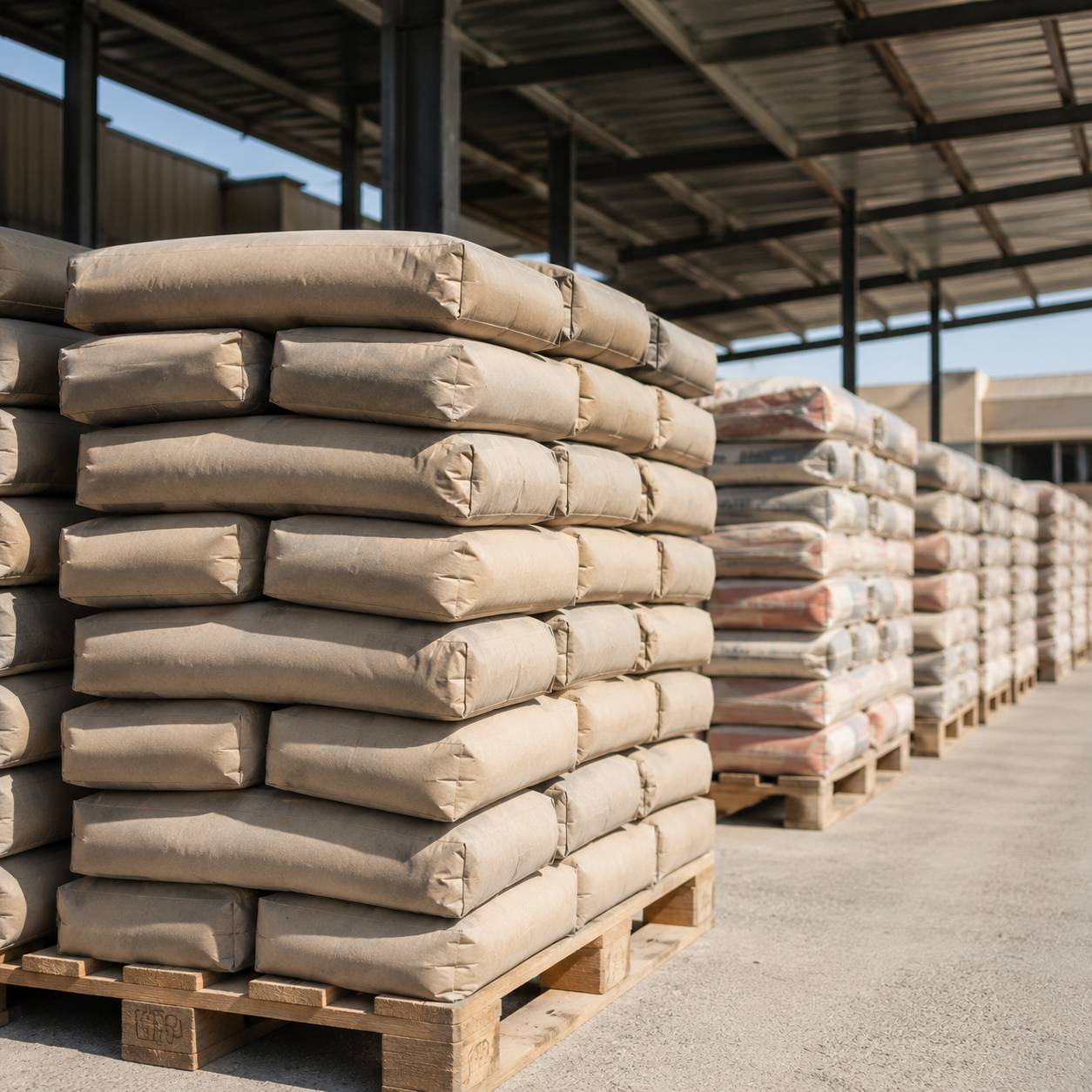 Cement and dry mix sacks stacked on pallets