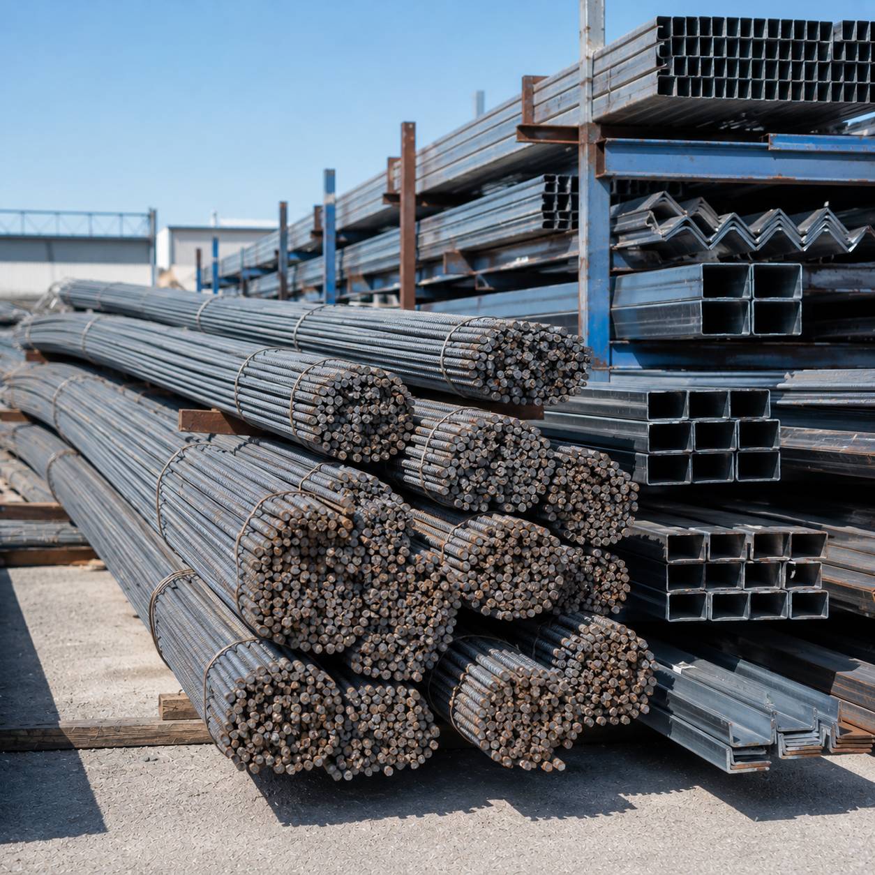 Bundles of steel rebar and metal profiles