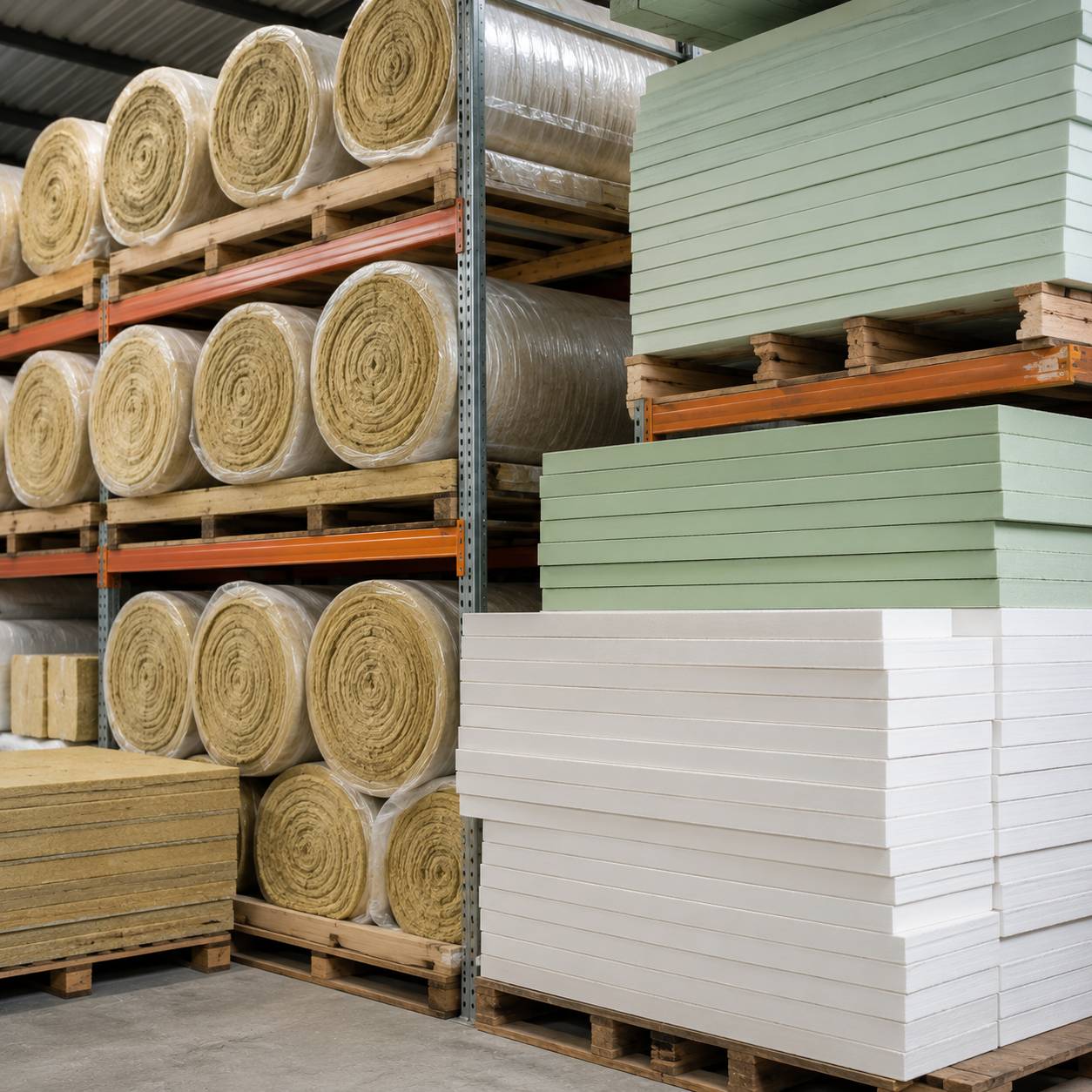 Stacked insulation boards and rolls