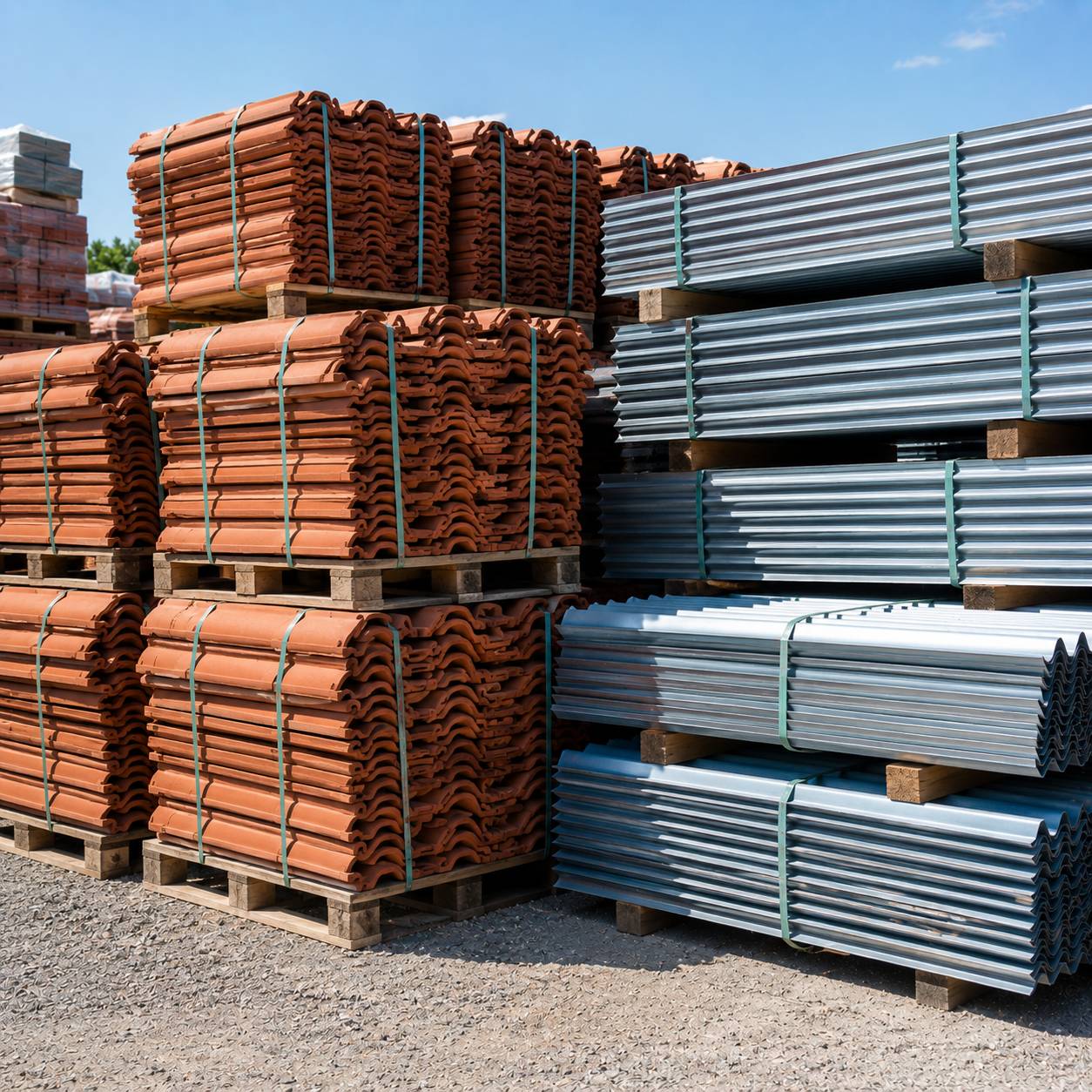 Stacked roofing tiles and metal roofing sheets