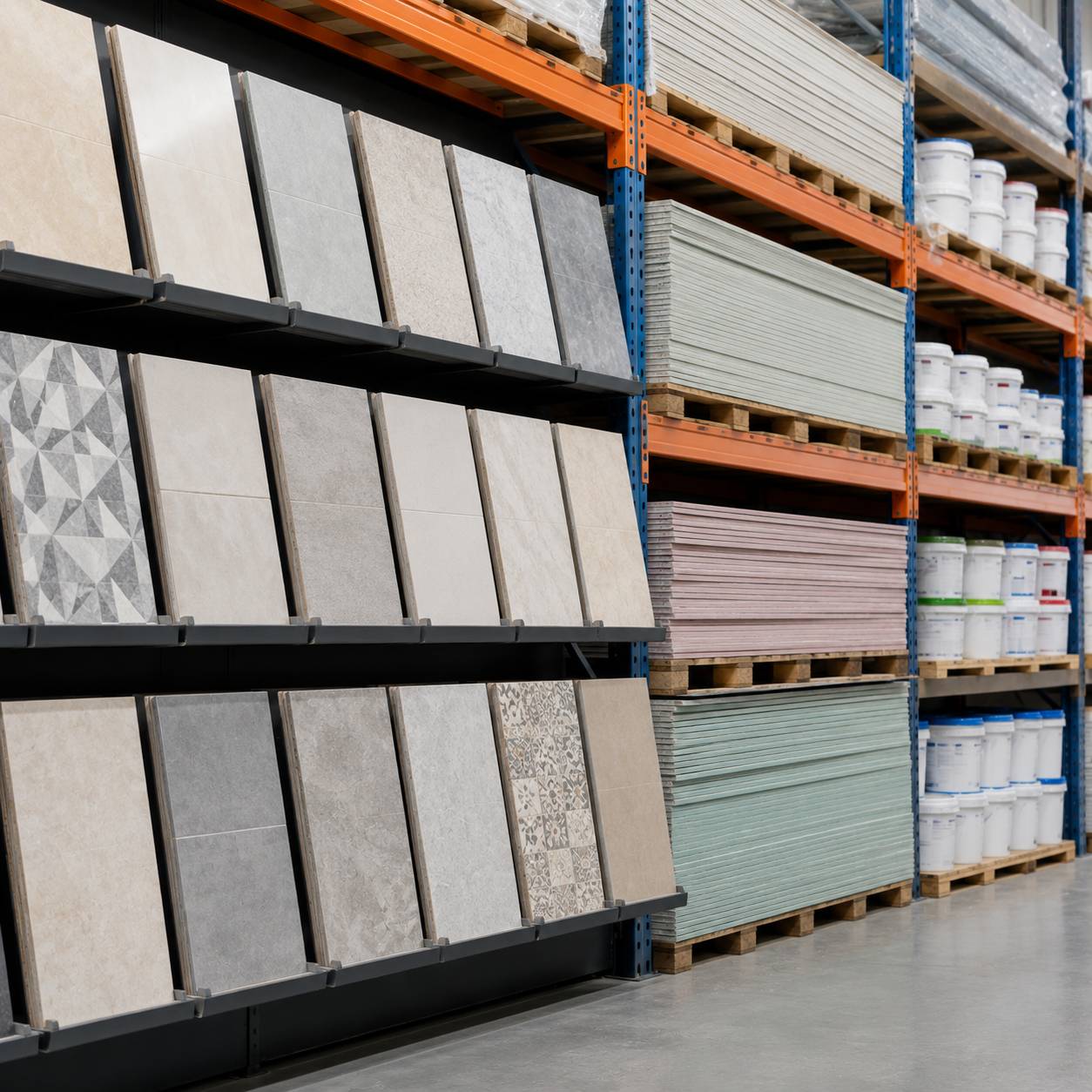 Tiles, plasterboard and paint buckets in a warehouse